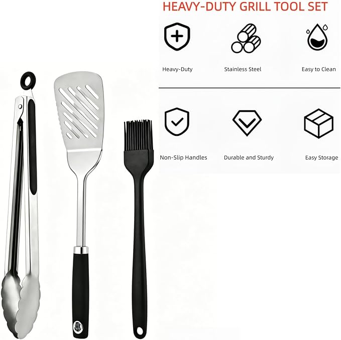 3-Piece Stainless Steel Grill Accessories, Heavy Duty Grill Tools Set, Dishwasher Safe