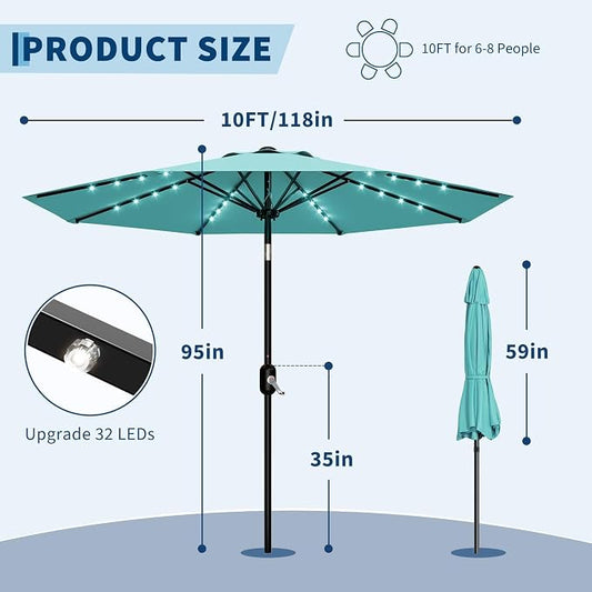 Patio Umbrella with Solar Lights, Outdoor Table Umbrella with 8 Durable Ribs, Tilt & Crank Mechanism, Water & UV Protection Sun Shade Umbrella for Garden, Poolside, Backyard (Yellow, 10 FT)
