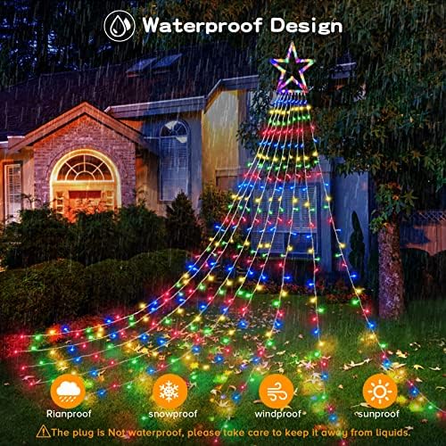 Outdoor Christmas Decorations 317 LEDs Christmas Lights with 9 Strands 11.9ft Waterfall Christmas Tree Lights, 8 Modes, Waterproof, Topper Star & Timer for Yard Patio Xmas Décor, Multicolor - Image 6