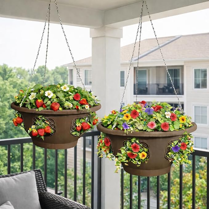 Ultimate Hanging Baskets - Strawberry, Tomato, Flower, and Herb Outdoor Planters - Use Garden Pots for Growing Plants Outside On A Deck, Fence, or Balcony (Mocha 2pk)