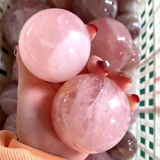 2.4-2.8 inch Natural Rose Quartz Crystal Ball with Stand, Polished Pink Quartz Divination Sphere, Reiki Healing Gemstone Ball, Home Desktop Decor Ornament