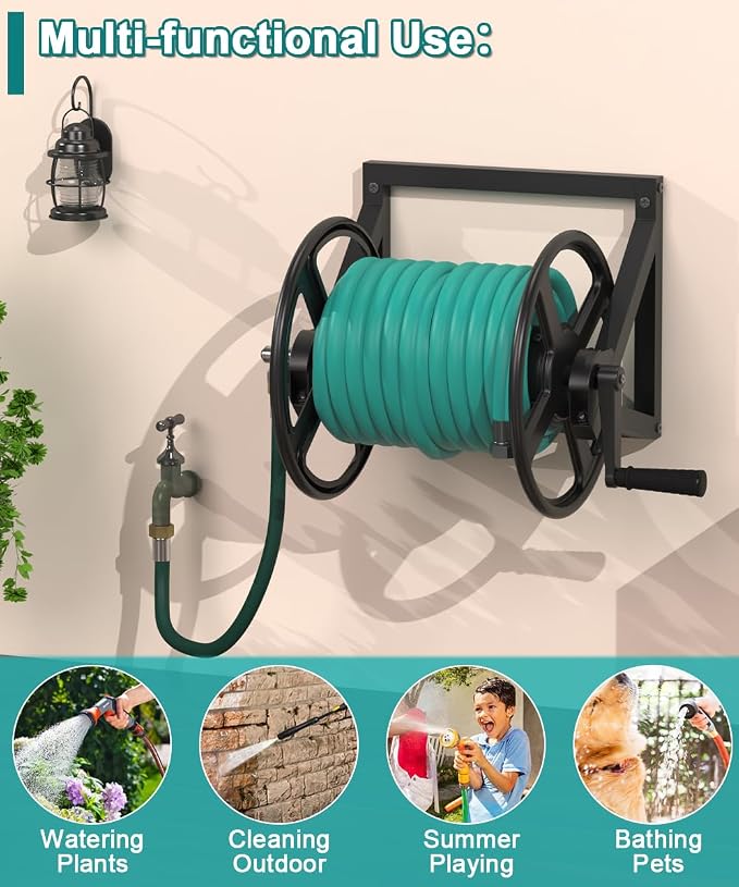 Artigarden Garden Hose Reel Wall Mounted, Outdoor Heavy Duty Powder Coated Metal Water Hoses Holder Winder Holds 125 ft 5/8" Hoses with 3.9ft Leader Hose, Stainless Steel Connector for Outside, Black