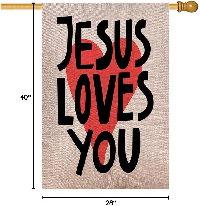EMMTEEY Double Sided Easter Yard Flag - 28X40 Inch Outdoor Decor with Jesus Loves You Lettering, Modern Red Heart & White Design for Housewarming