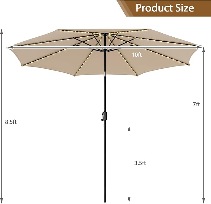HAPPYGRILL 10 FT Solar Patio Umbrella with 112 LED Light, Outdoor Umbrella with Tilt Adjustment, Crank System, 8 Metal Ribs & Vented Top, Deck Table Market Umbrella for Garden Pool Deck Yard