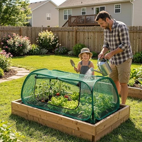 QwayHome 2Pack Garden Covers for Raised Beds, Pop Up Mesh Plant Protect Covers, Green 35% Sunblock Plant Shade Tent, Vegetable Seedling Crop Cage for Against Animals, With 8 Stakes L*W*H - 45*22*16in - Image 6
