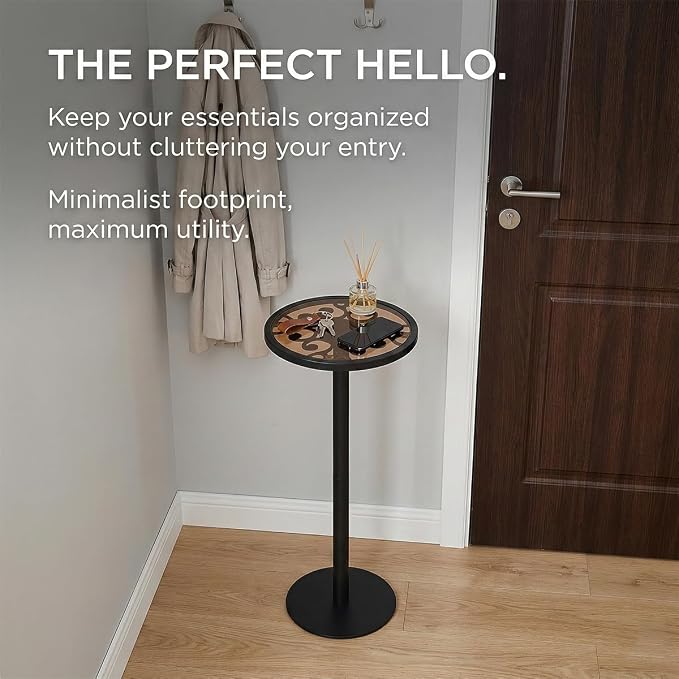Black Drink Table, Indoor Outdoor Small Round Side Table with Tempered Glass & Vintage Scroll Design, 24.7" Pedestal End Table for Living Room, Patio, Balcony, Industrial Modern Accent Table