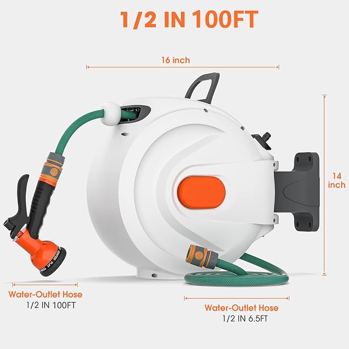 Retractable Garden Hose Reel 1/2 in x 100 ft Wall Mounted, Auto Rewind with Slow Return & Any-Length Lock, No Kink Tangle-Free, 3/4 in Brass Connector, 180° Swivel, Heavy Duty Hose Reel for Outside