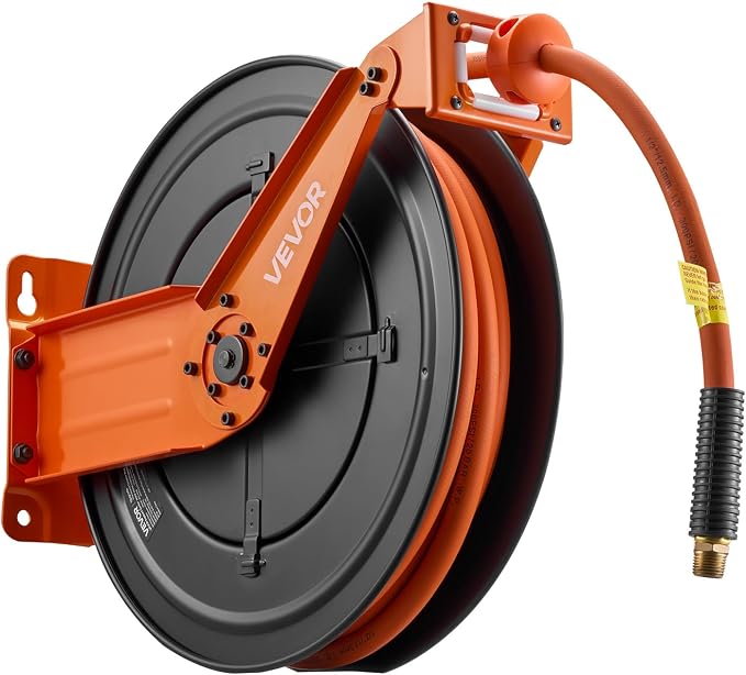 VEVOR Retractable Air Hose Reel, 1/2 Inch x 50 FT Rubber Air Hose Max 300PSI, Auto Rewind Air-Compressor Hoses Reel with 5 ft Lead in, Ceiling/Wall Mount Heavy Duty Steel Double Arm