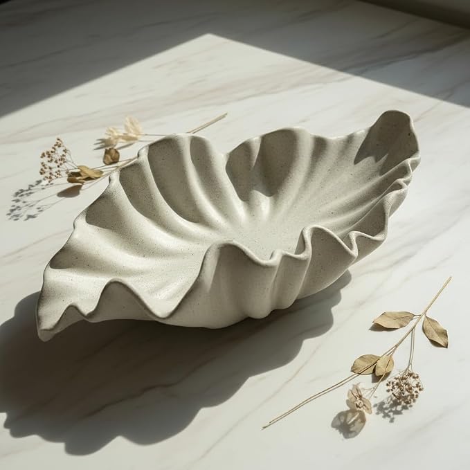 16" Large Decorative Bowl decor, Modern Home Decoration Scallop Bowl,Fashion Key Bowl for Entrance Table, Decorative Fruit Bowl for Kitchen Counter, Ruffle Decor, Light Gray