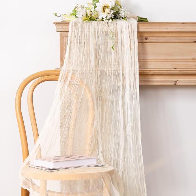 Socomi Ivory Cheesecloth Table Runner Tulle Gauze Cheese clothBoho Rustic 120 inch 10FT Runner for Wedding Party Baby Shower Birthday Holiday Decorations 1pc