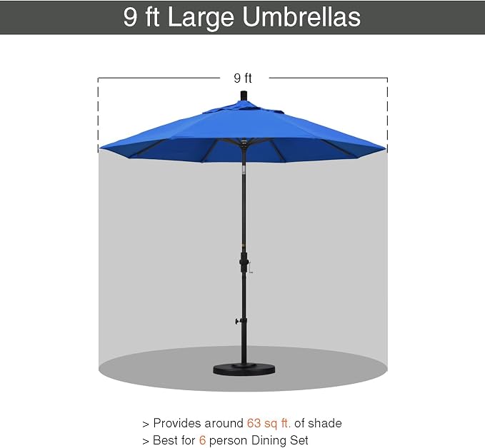 California Umbrella 9' Round Aluminum Outdoor Deck, Pool or Patio Umbrella, Crank Lift, Auto Tilt, Bronze Pole, Royal Blue