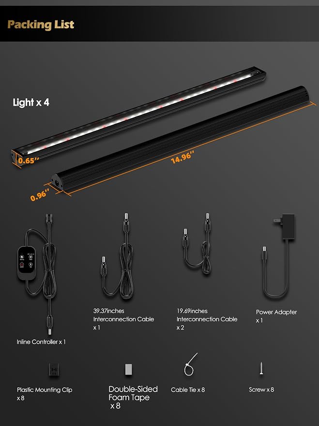 Smart Grow Light for Indoor Plants,3500K Full Spectrum LED Plant Light Strips with 3/9/12H Auto Timer,Stepless Dimming,Modular Design,Plug and Play (Black, 4 Pack)