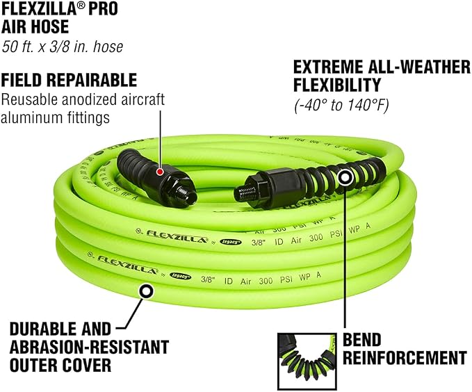 Flexzilla Open Face Retractable Air Hose Reel, 3/8 in. x 50 ft., Heavy Duty, Lightweight, Hybrid, ZillaGreen - L8611FZ & Pro Air Hose, 3/8 in. x 50 ft, Heavy Duty, Lightweight, Hybrid, ZillaGreen
