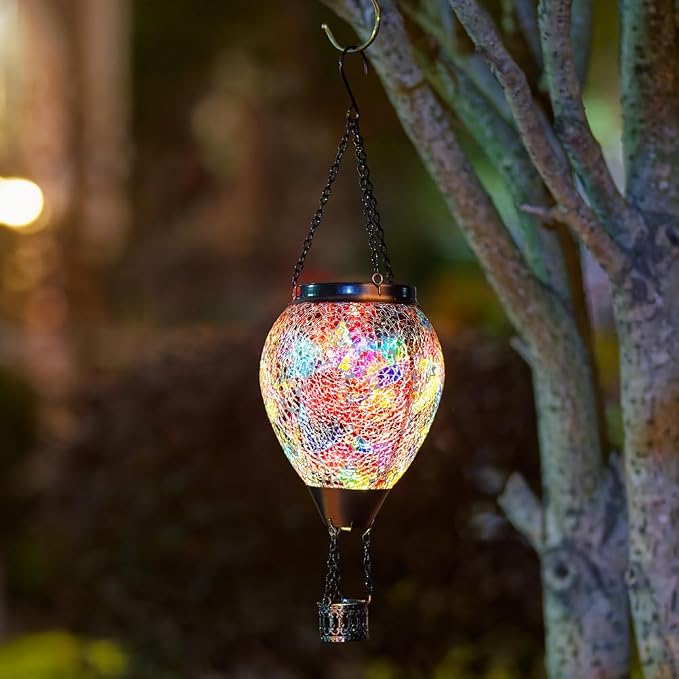 Hot Air Balloon Solar Lantern with Flame | Handmade Glass, Flickering Flame, Waterproof Outdoor Lantern, for Patio, Garden, Porch, Red & Brown