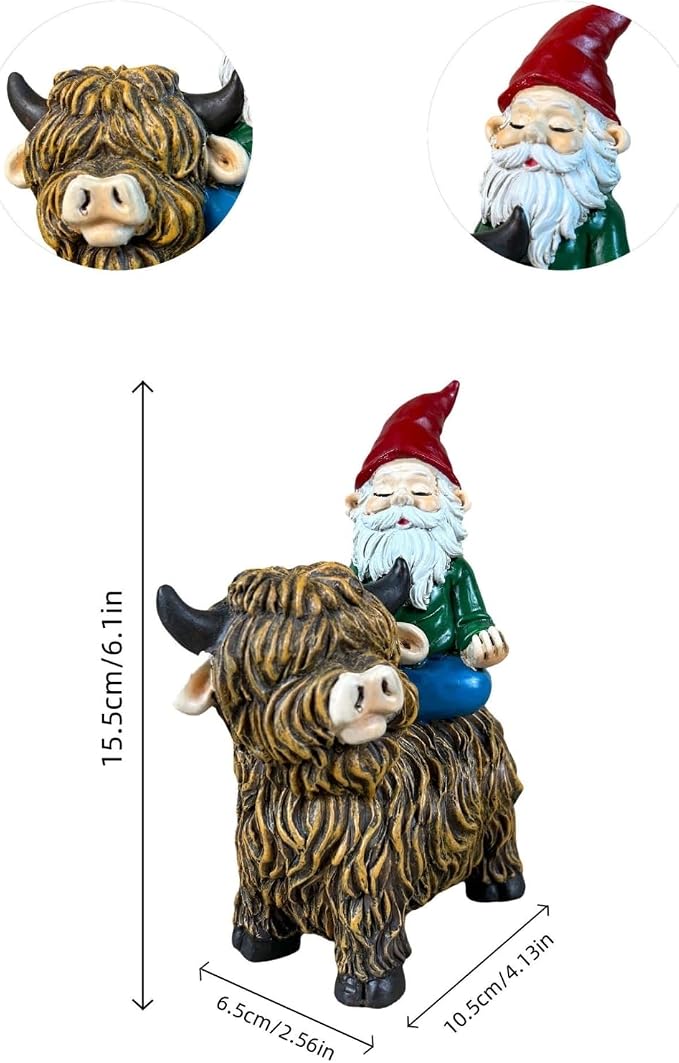 Meditating Garden Gnome on Highland Cow Outdoor Statue | Waterproof Resin, Yard Art Figurine, Funny Lawn Ornaments, Patio Decor