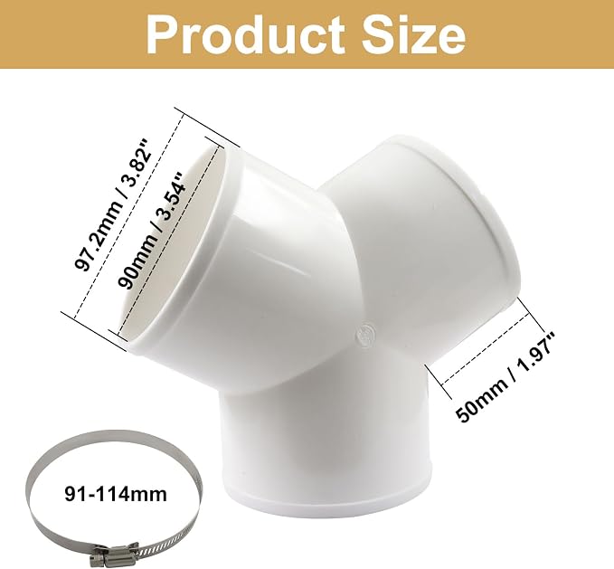 4 Inch 3-Way Duct Splitter | Y Shape Connector, Includes 3 Hose Clamps, Exhaust Fan Hose, For Dryer Vent/Household