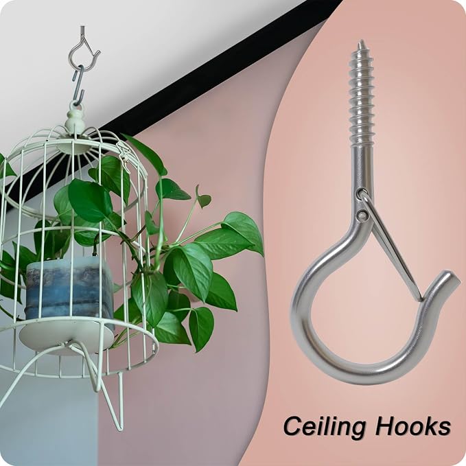 Black Screw Hooks with Safety Lock 2.3" Rustproof Metal Ceiling Hooks for Hanging Plants, Baskets,String Lights & Outdoor Decor, 40LB Capacity (20, Silver)