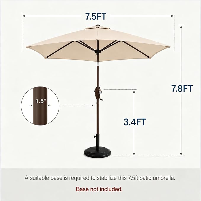 7.5ft Patio Umbrella, Outdoor Table Market Umbrella with Smooth Crank Lift, 6 Windproof Fiberglass Ribs, UPF50+ UV Protection for Deck, Pool, Garden and Backyard