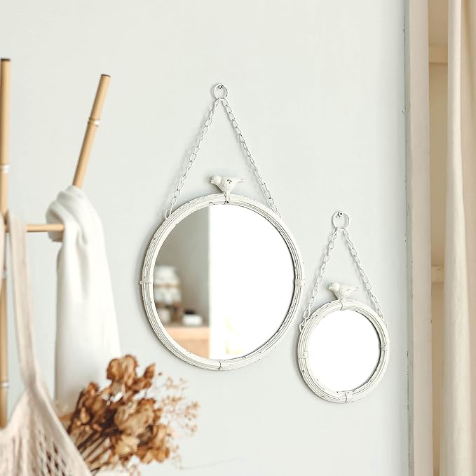 NIKKY HOME 6.7 Inch Decorative Small Hanging Mirrors Vintage Rustic Round Metal Framed Wall Mounted Mirror Decor with Bird for Bathroom Living Room Office, Rustic White