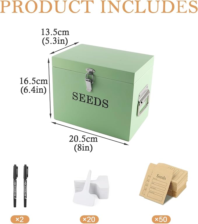 Wooden Seed Storage Organizer with 2 Dividers, Seed Saving Box with Lid and Handle, 50 Envelopes, 20 Plant Labels and 2 Pens for Garden Seeds