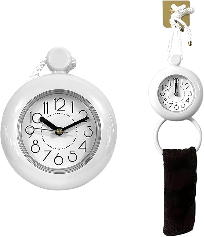 Waterproo-f Bathroom Hanging Clock, Shower Rope Clock with Stand Dual Purpose Wall Clock with Towel Rack Easy to Read for Kitchen, Toilet, 4.72 inch Round Size