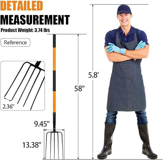 Pitch Fork for Gardening, 5 Tine Pitchfork Heavy Duty with Fiberglass Handle, 58 Inches(Orange)