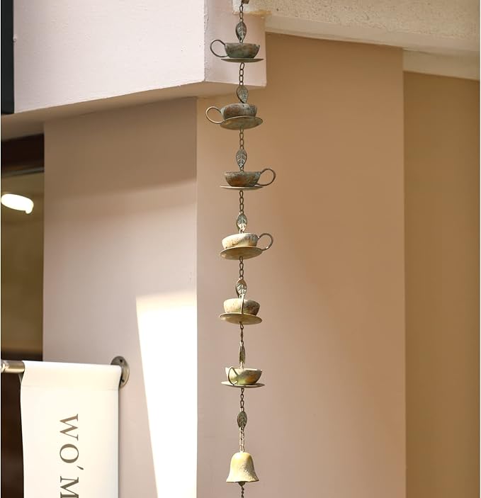 Jemeni 60" Teapot Wind Chime & Rain Chain with Bell - Patina Copper Outdoor Decor for Gutters, Patio, Garden