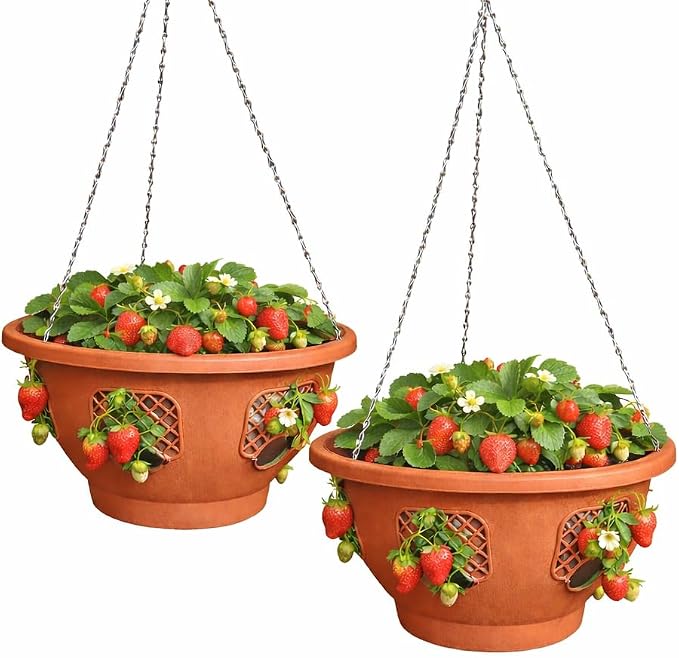 Ultimate Hanging Baskets - Strawberry, Tomato, Flower, and Herb Outdoor Planters - Use Garden Pots for Growing Plants Outside On A Deck, Fence, or Balcony (2, Terracotta)