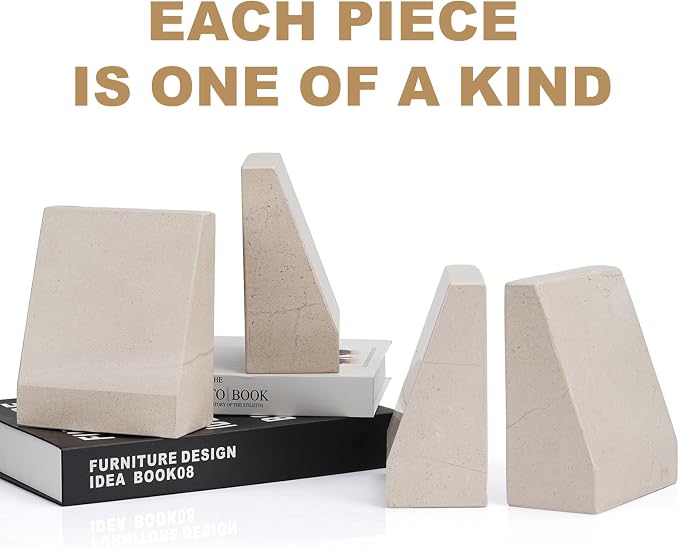 Koville Marble Bookends for Shelves, 9Lbs Large Bookends for Heavy Books, Non-Slip Heavy Duty Book Stopper for CD/Movies, Aesthetic Decorative Bookends for Shelves Table Home Decor(Beige)