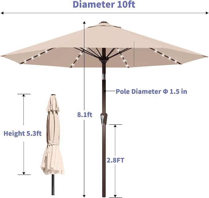 Kingdura 10FT Outdoor Patio Umbrella with Solar Lights, Market Table Umbrella with Push Button Tilt & Crank, 8 Sturdy Ribs, 32 LED Lights, UV Protection for Garden Lawn Deck Backyard Pool (Beige)