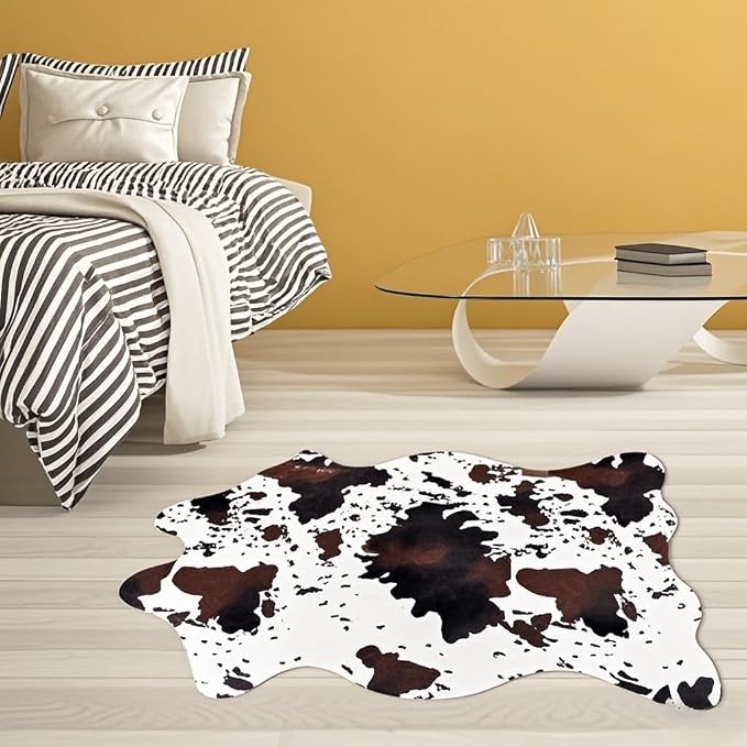 Sgizoku Cow Print Rug,4.6x5.2 Feet Faux Cowhide Rug Cute Area Rug Fun Western Room Decor Cow Rugs for Living Room Bedroom Non-Slip, Brown(62 inches x 55 inches)