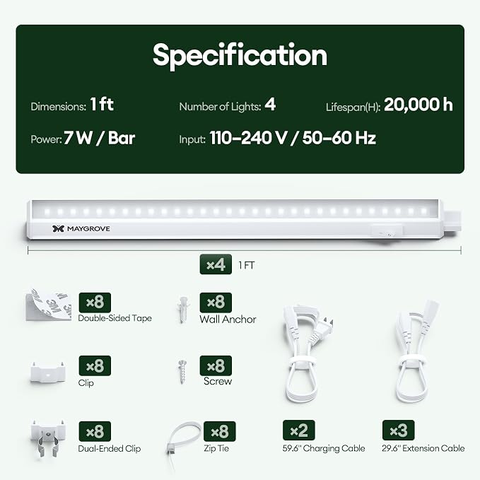 Maygrove Grow Lights for Indoor Plants, Sunlike Full Spectrum 5000K 1FT LED Growing Lamp 28W (4 x 7W), T5 Grow Light Strip for Seed Starting, Vegetables, Linkable, White, 4-Pack