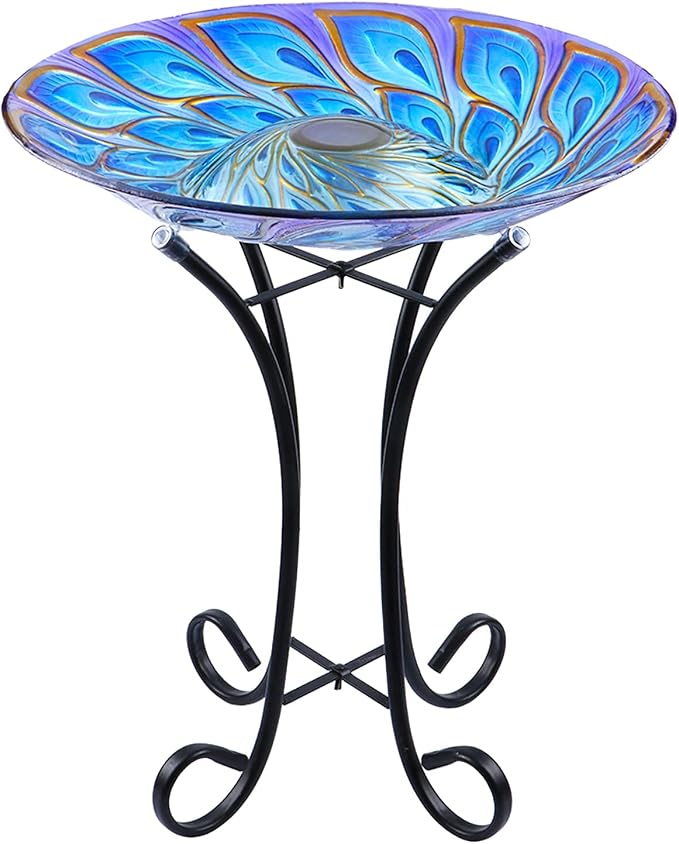 MUMTOP Outdoor Glass Bird Bath Solar Birdbaths with Metal Stand for Lawn Yard Garden Peacock Decor,18” Dia 21.65” Height