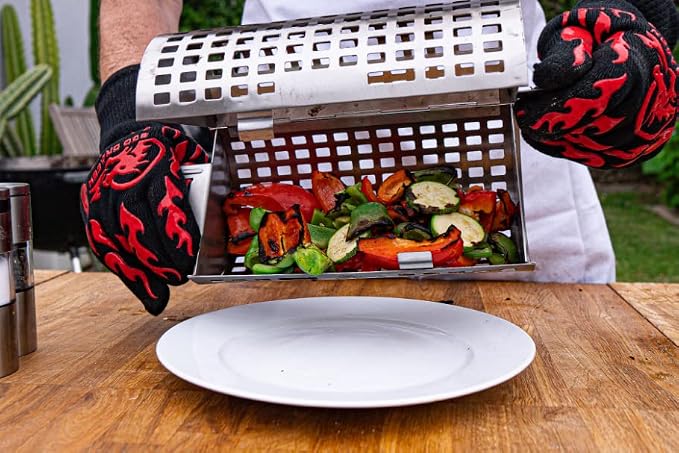 BBQ Dragon Rolling Grill Basket – Large Stainless Steel with Snap-Close Lid, Dishwasher Safe for Vegetables, Fish, and Meat