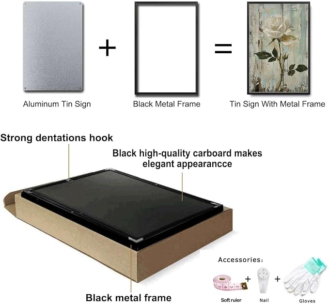 Metal Sign Tin Sign Vintage Wall Art Antique Rose Wall Art Tin Sign for Easy Installation Weather Resistant Design and Rustic Charm Tin Sig for Club 8×12 Inches with Metal Frame
