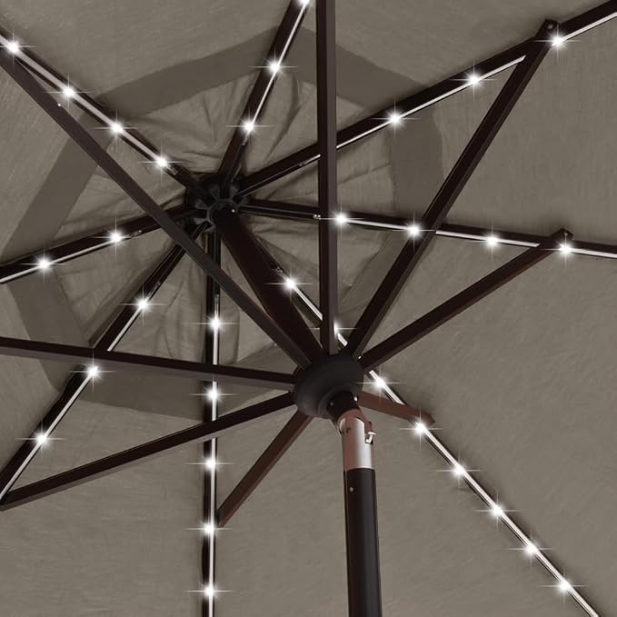 EliteShade USA 10-Year-Non-Fading 9ft 3-Tier Market Patio Umbrella, Commercial Table Umbrella with 80 Solar LED Lights, Crank Open, Windproof & UPF 50+ UV Protection for Garden, Deck, Pool, Backyard, Taupe