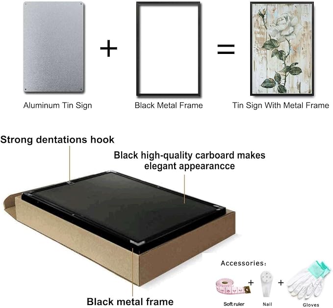 Metal Sign Tin Sign Vintage Wall Art Shabby Chic Rose Tin Sign for Antique Style Decor Rustic Wall Art and White Rose Admirers Garden Tin Sign for Pub 6×8 Inches with Metal Frame
