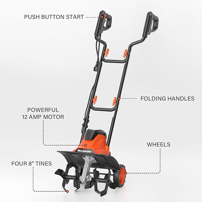 MAXLANDER Electric Garden Tiller Cultivator, 14 Inch 12 Amp Corded Tiller for Gardening with Foldable Handle, 4 Steel Tines, Garden Rototiller with Wheels for Lawn Yard Soil Cultivation
