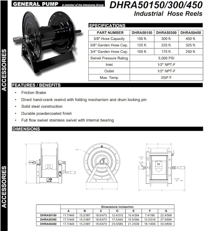 General Pump DHRA50150 3/8" x 150' Black Steel Hose Reel with Flat Sidewalls, A-frame, Pin Lock and Brake and Stainless Steel Swivel Inlet, 5000 Psi (150 Feet Capacity)
