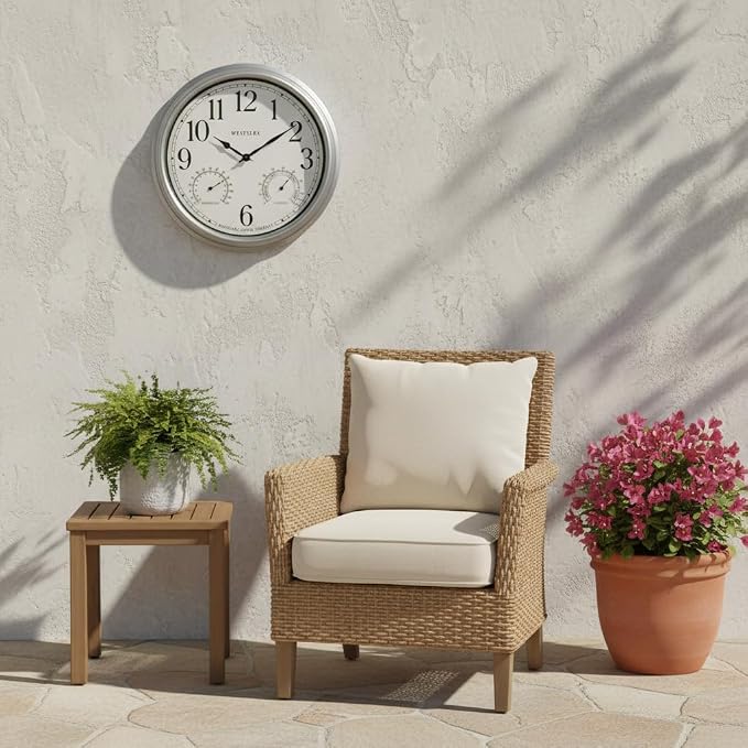 Westclox 15.75” Outdoor Wall Clock with Temperature & Humidity Display, Weather Resistant, Silver Finish, Glass Lens, Battery Operated