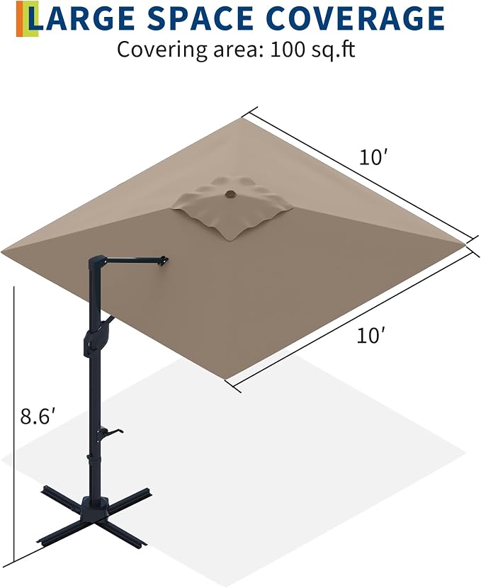 PeakPursuit 10' x 10' Square Cantilever Umbrella - Heavy Duty Aluminum Patio Sun Shade Offset Umbrella with 360-Degree Rotation for Outdoor Decor, Backyard, Deck, Pool