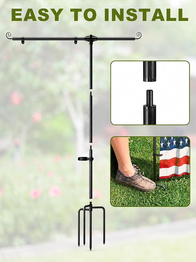 Garden Flag Stand Holder with Shepherd Hooks, 3/4 Inch Extra Thick Heavy Duty Yard Flag Holder for Small Flag 12x18, 52 Inch Garden Flag Pole for Outside (Solar Lights & Flag Not Included)