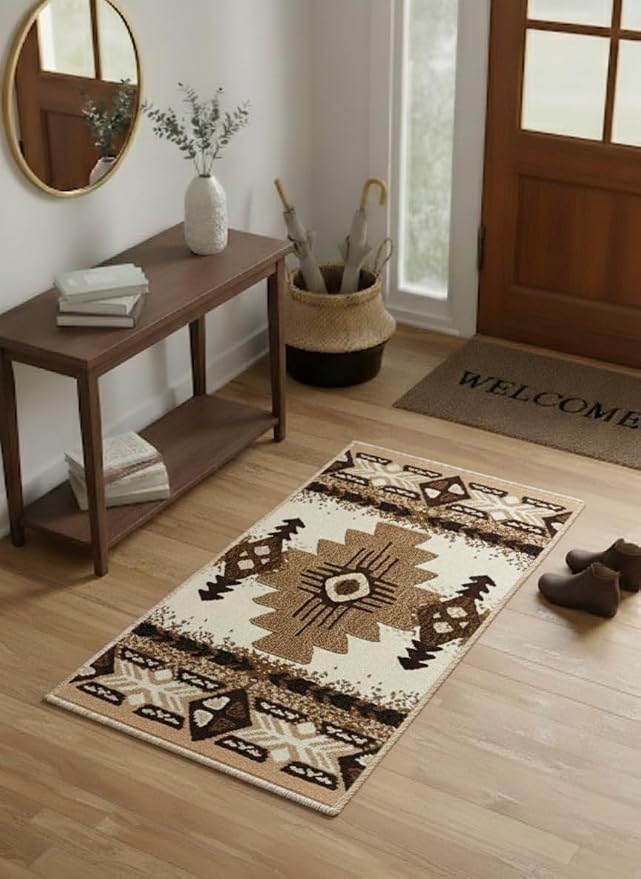 YHSF South West Native American Area Rug C318 - Easy Clean, Thick, Soft, Durable Native Tribal American Indian Inspired Rug for Bedroom/Living Room and More - Ivory, 16 Inches x 28 Inches