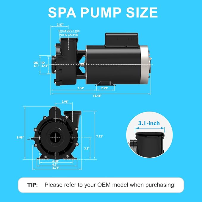 SPA Pump, 4HP Hot Tub Pump - 2 Speed LX SPA Pumps Motor 220-240V, 2" Port, 56 Frame (Model: 56WUA400-II)