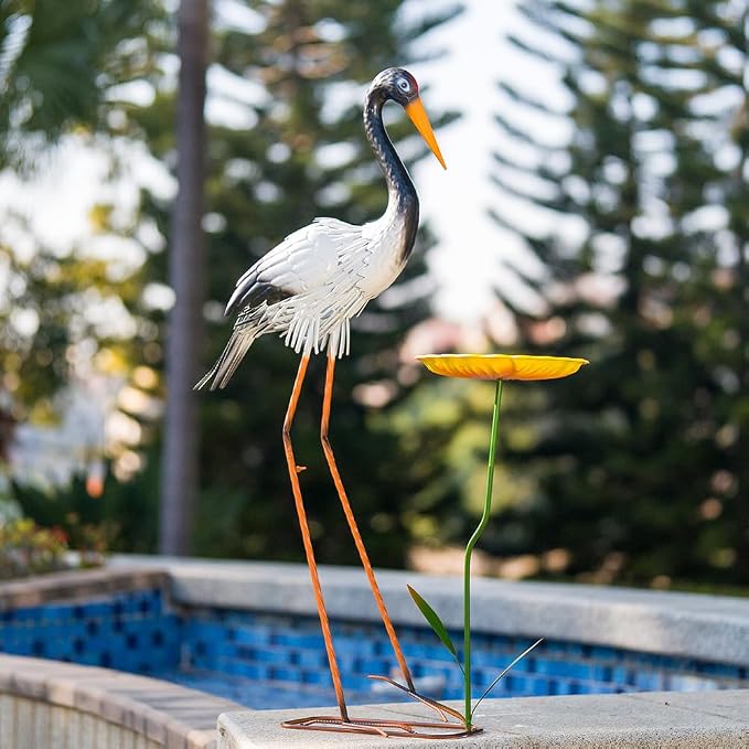 38" Garden Statue Large Outside Egret Sculpture Outdoor Decor | Metal Bird Yard Art Patio Decoration Lawn Ornaments Windproof Backyard Pond Porch Pool Deck Landscape Bird Lover Gift