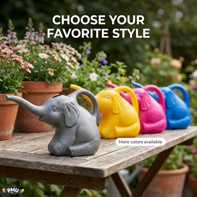 PMU 2-Quart Elephant Watering Can – Durable Plastic Garden Watering Can for Indoor & Outdoor Plants, Easy-Pour Spout, Large Water Pot, Gray