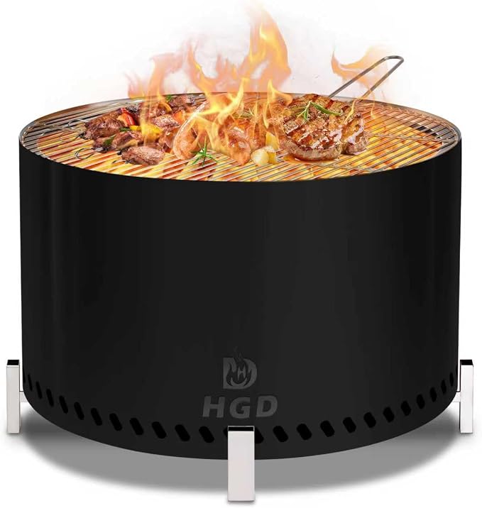 HGD 27.5" Smokeless Firepit with Stand & Grill Rack, Large Stainless Steel Wood Burning Fire Pit for Gatherings, Secondary Combustion Outdoor Patio Stove for Garden BBQ & Bonfire (Black)