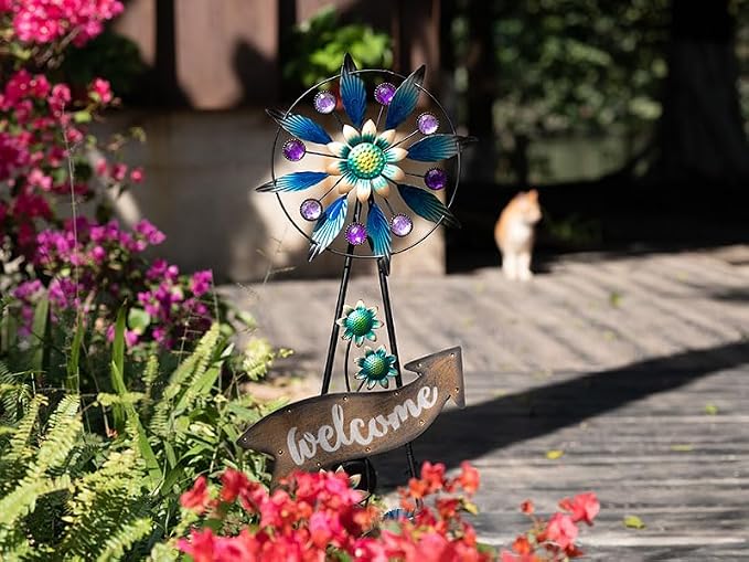TERESA'S COLLECTIONS Peacock Garden Solar Stake, Wind Spinner Yard Art Sign for Outdoor Decor, Metal Purple Floral Windmill Decorative Garden Stake for Lawn Ornaments, Gifts for Mom, 37''
