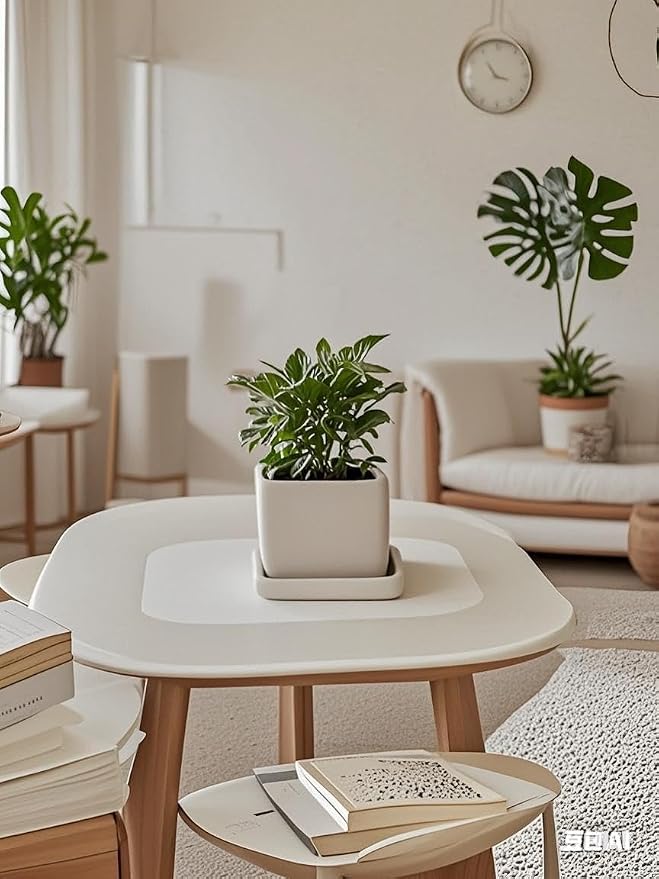 Square Ceramic Plant Saucer Tray 2 Pcs 4 Inch White, 4.8" OD x3.9 ID x0.7 Deep, Sturdy Heavy Duty Glazed Planter Drip Flower pots with Catch Basin for Indoor Outdoor Plants(4" White)