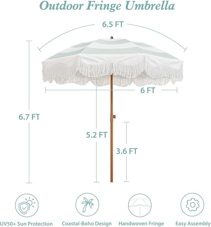 AMMSUN Boho Fringe Umbrella Outdoor Patio, 6.5ft UPF50+ Picnic Umbrella with Tassels with Steel Pole and Push Button Tilt, Vintage Green Stripe